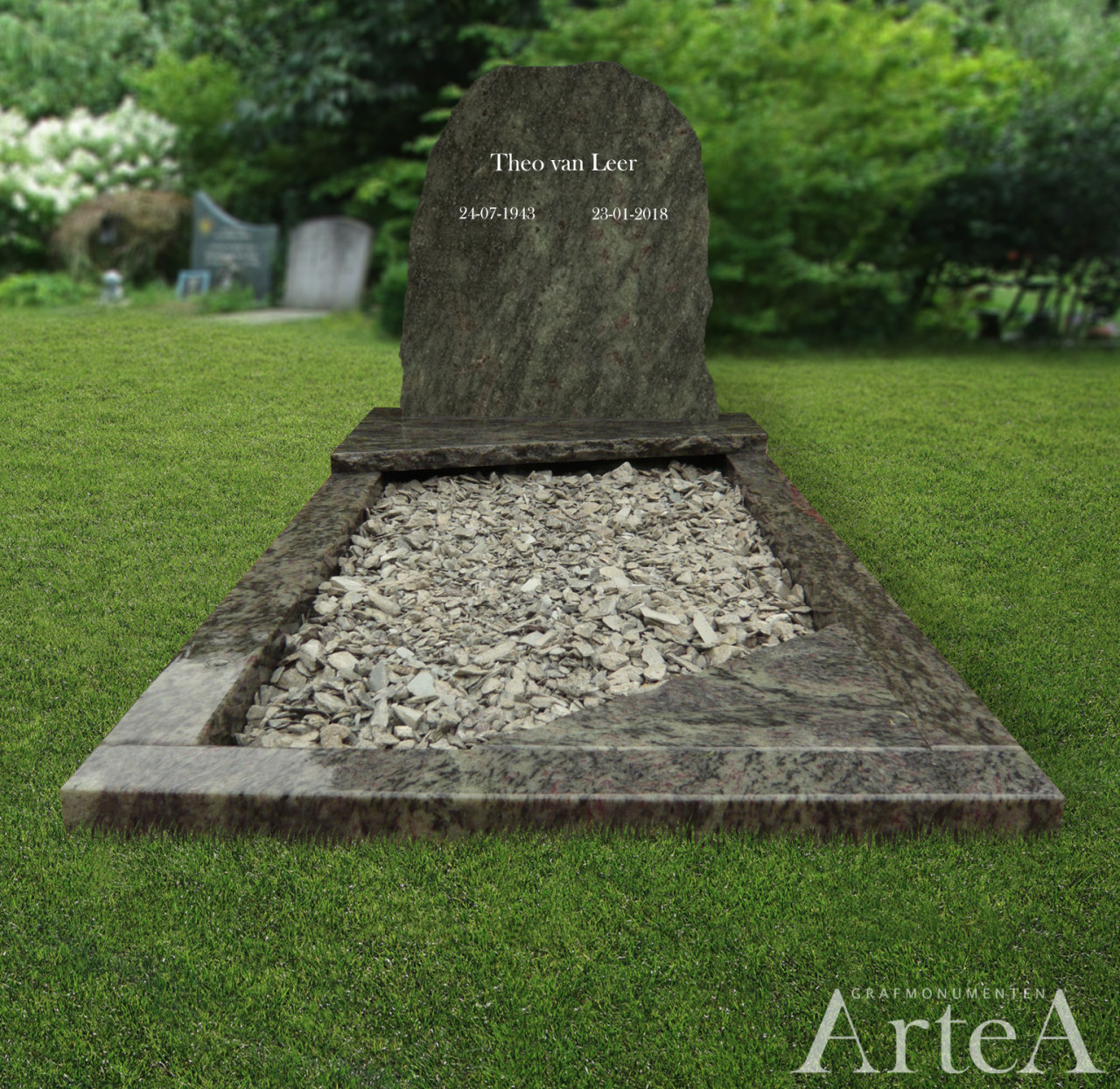 Ruwgekapt grafmonument met groen graniet deze grafsteen heeft ook nog grind in de tuin