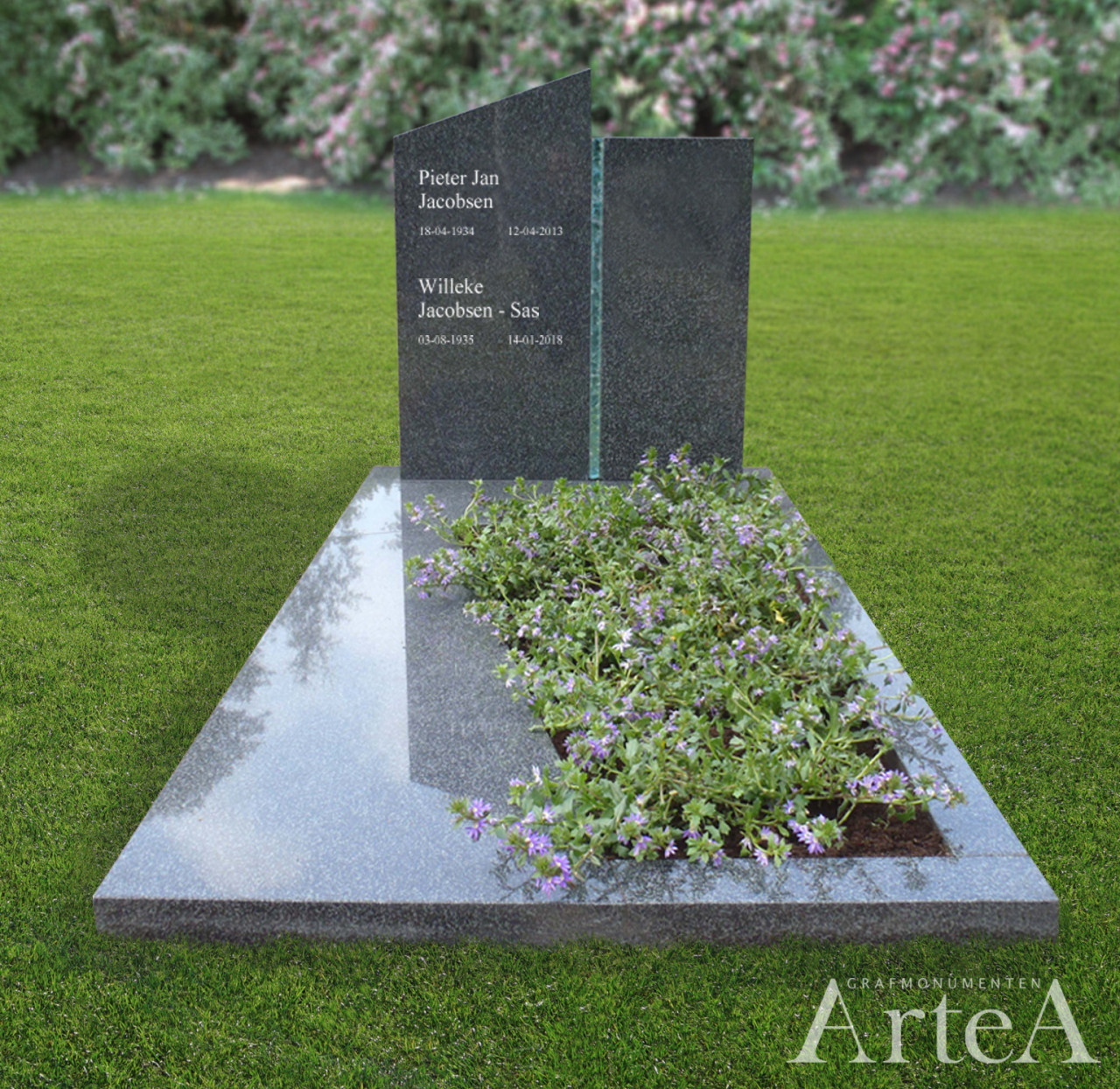 Grafsteen met glasstrook en tuin