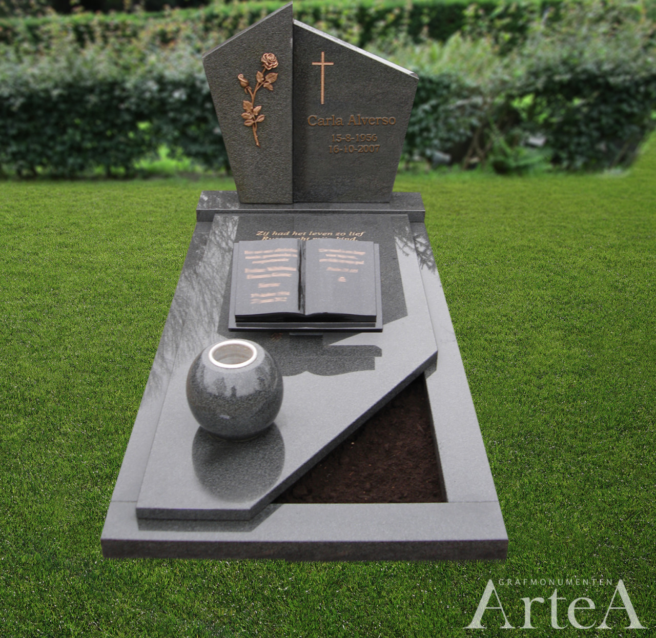 grafsteen met kruis,bronzen roos en boek