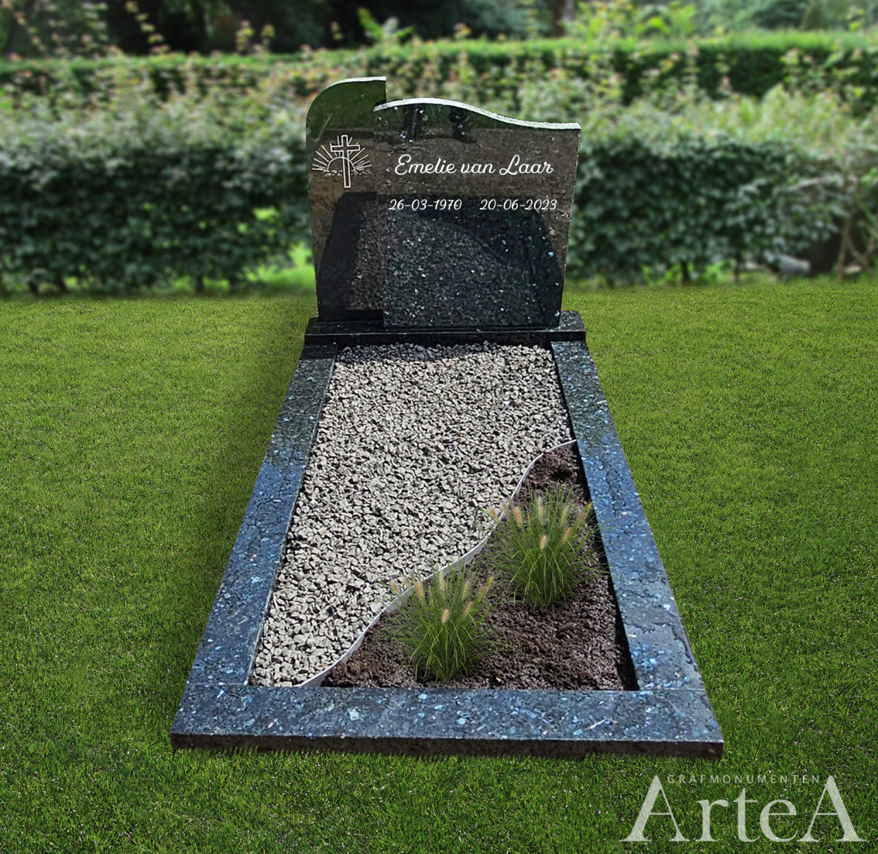 grafsteen met gravure en bijzondere tuin