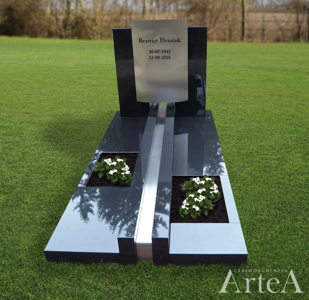 Bijzonder grafmonument met RVS en tuin