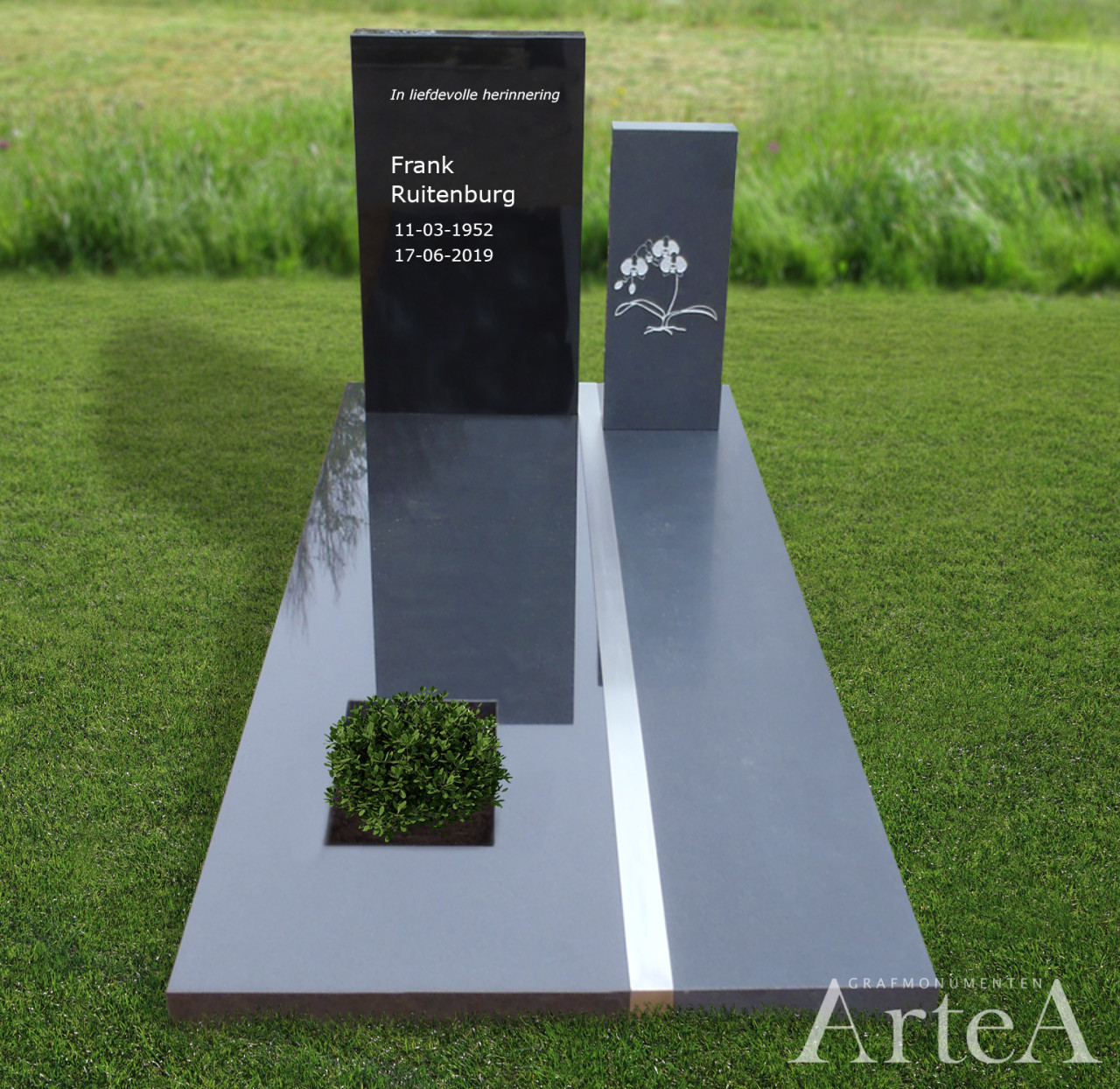 Grafsteen van zwart graniet met RVS rand en bloem