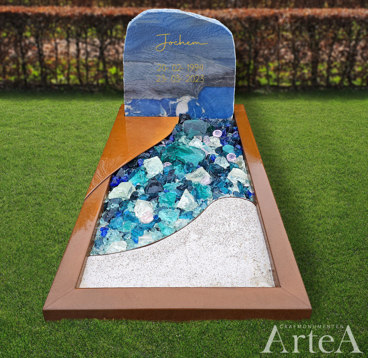 Grafsteen met blauw natuursteen en cortenstaal