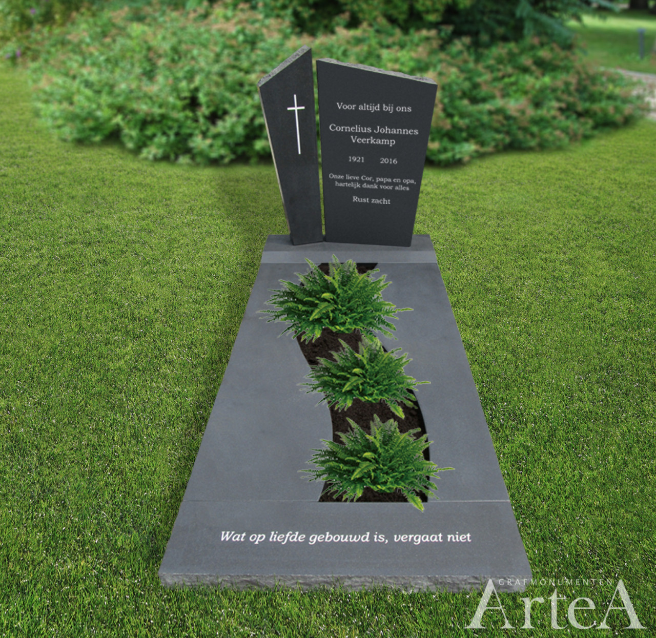 Zwart grafmonument graniet gezoet met tuin en kruis