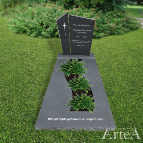 Zwart grafmonument graniet gezoet met tuin en kruis