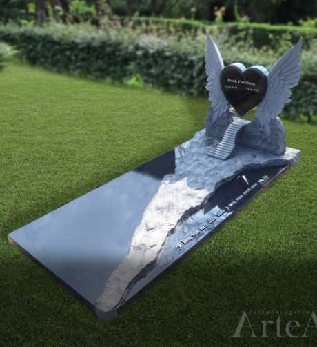 grafsteen zwart graniet met hart en vleugels