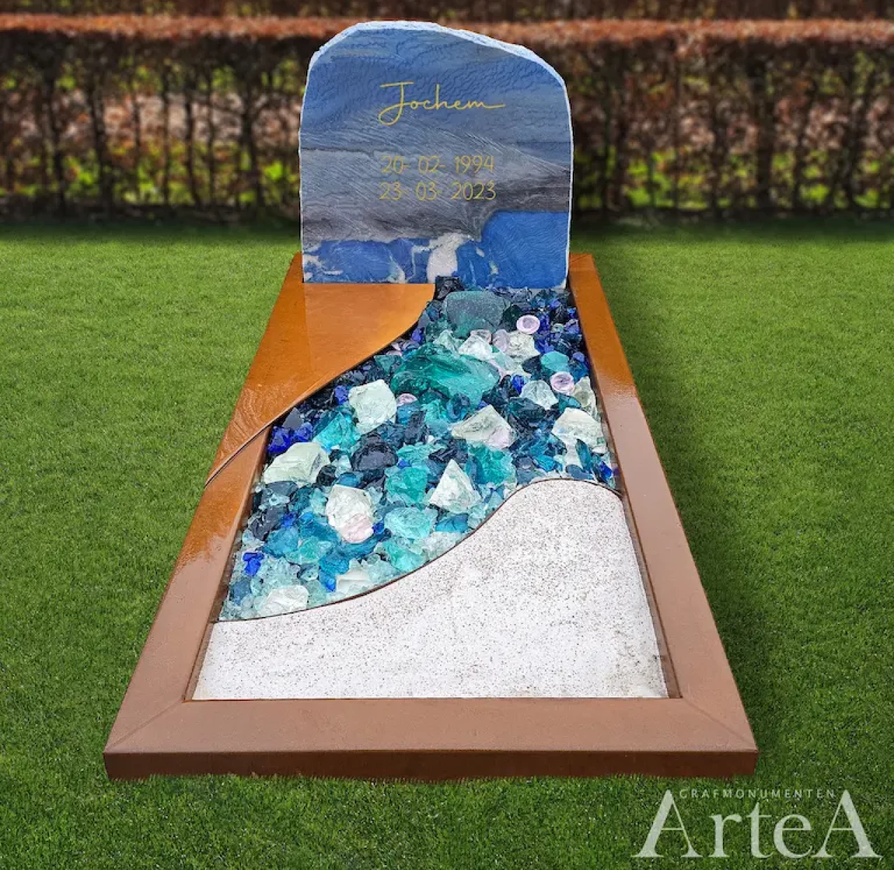 Grafsteen met cortenstaal en glas geplaatst door Artea Grafmonumenten
