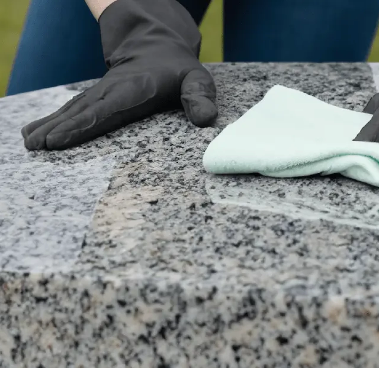 Voorbeeld van een grafsteen schoonmaken met een schone doek