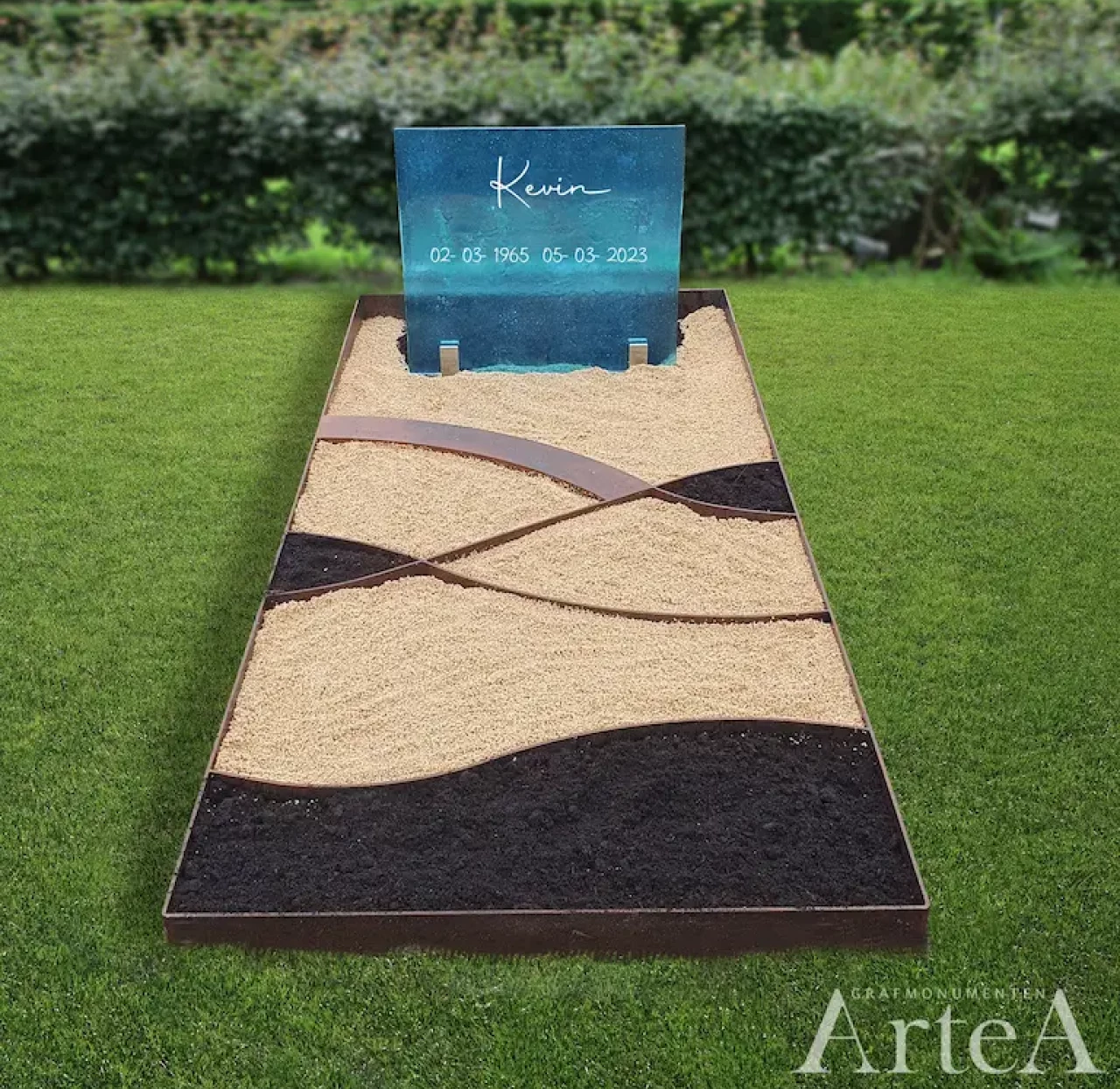 Een moderne grafsteen met glasplaat